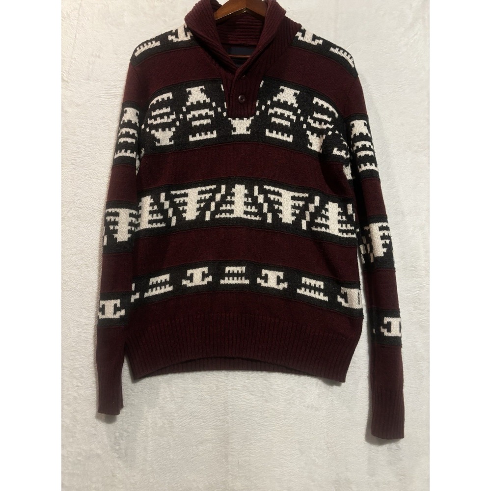 American Eagle Sweater Mens Small Southwest Shawl Collar 2 Button Burgandy Gray